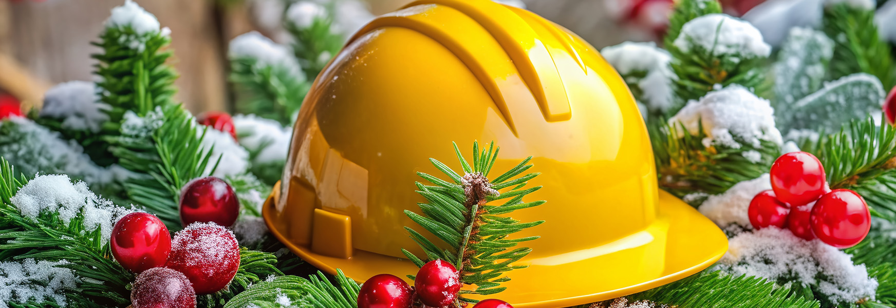 Hard hat sitting in snowy festive bush