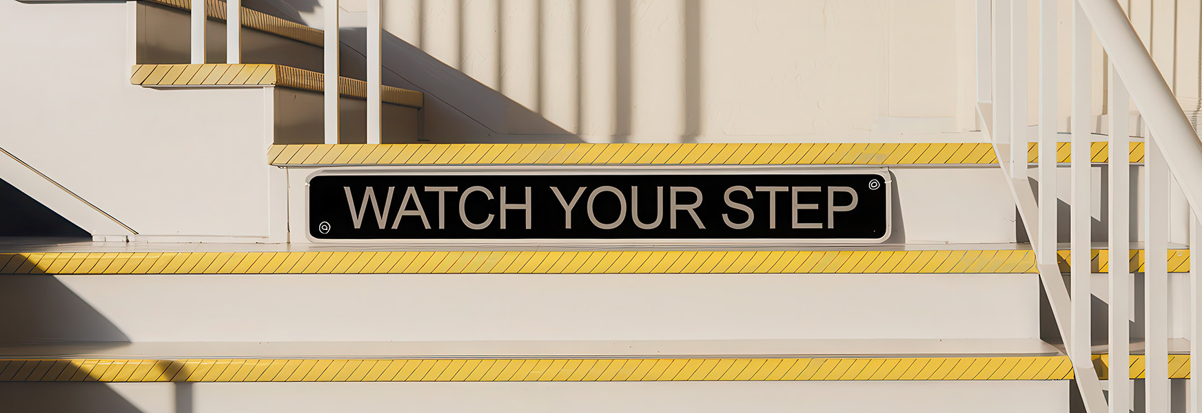 Stairs with a "Watch your step" sign on display