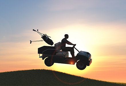 Man driving fast in a golf cart, jumping hills on a golf course, created in 3D software